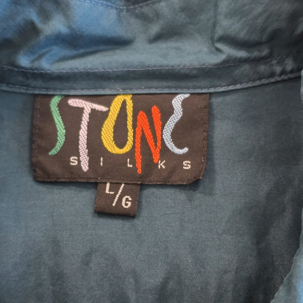 Vtg Stone Silks Shirt Mens L Teal SS Lightweight Button Down Pockets Boho Retro - Picture 3 of 13